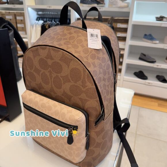 NWT Coach Men’s West Backpack In Blocked Signature Canvas CAB59 Sand/Tan - Picture 4 of 9